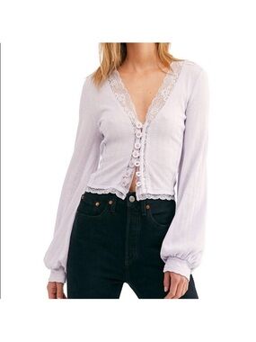 Free People Lavender Lace-Trim Button Front Long Sleeve Top